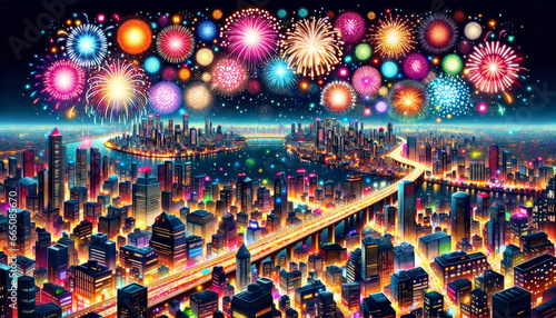 A dazzling display of vibrant fireworks illuminating the night sky over a bustling city, marking the start of a joyous new year and sending merry christmas wishes with their brilliant light