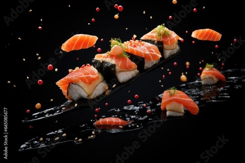 Delicious sushi on a stylish black plate