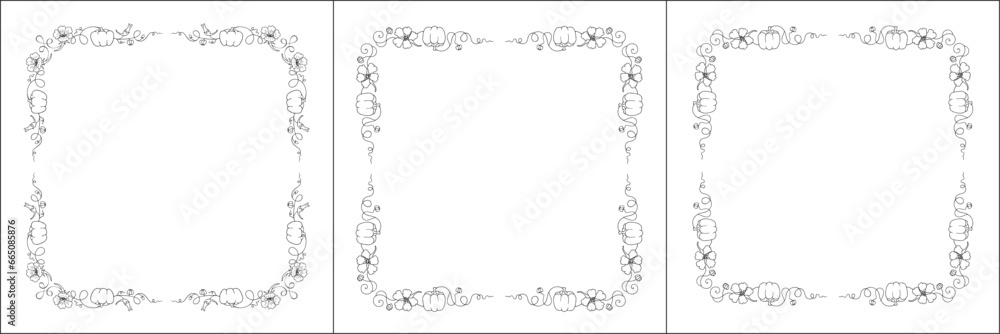 Set of three vector frames with pumpkins and Nasturtium flowers. Elegant black and white monochrome ornamental corners. Vector frame for all sizes and formats. Isolated vector illustration.