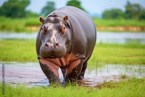 Hippopotamus Walking in a green field. © Anowar