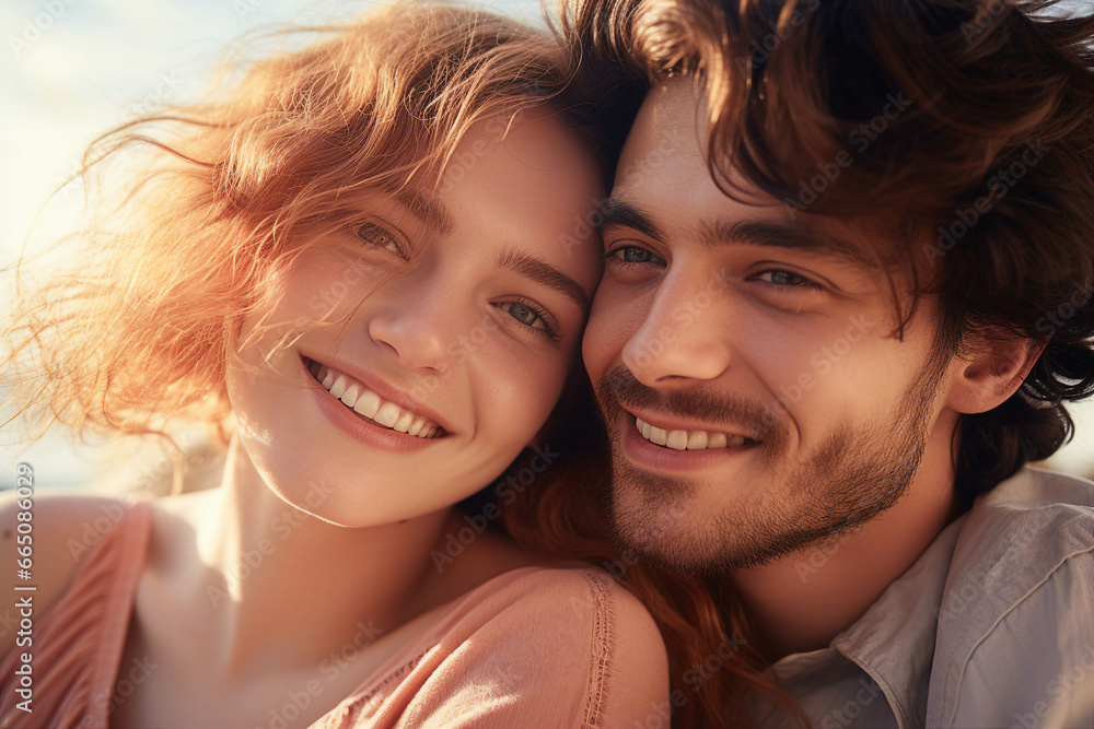 Young couple portrait two lovers spending time sunny country travelers Generative IA Young couple portrait two lovers spending time sunny country travelers Generative IA