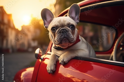 An adorable canine enjoying the breeze from a car window © pham