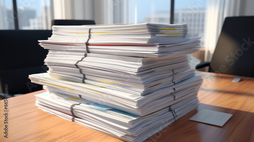 Pile of unfinished documents on office desk, Stack of business paper © PaulShlykov