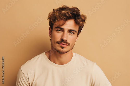 Generative AI portrait of a handsome man model pop star with perfect hairstyle beard isolated on beige background