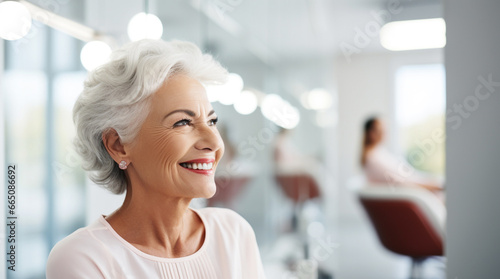 Smiling senior woman with new dental implants sitting in white dental office. Banner with happy healthy old lady in medical clinic with copy space for text. An elegant elderly woman visits a doctor.