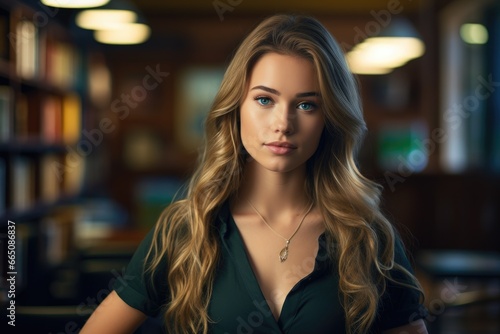A young woman with flowing hair standing amidst a collection of books