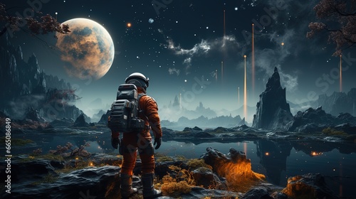 Astronaut looking at planet Earth from an unknown planet, feeling homesick photo