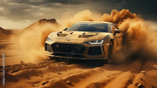 Racing car rushing through the desert at high speed, kicking up huge dust and sand under the wheels when turning, rally off road © Natalia S.