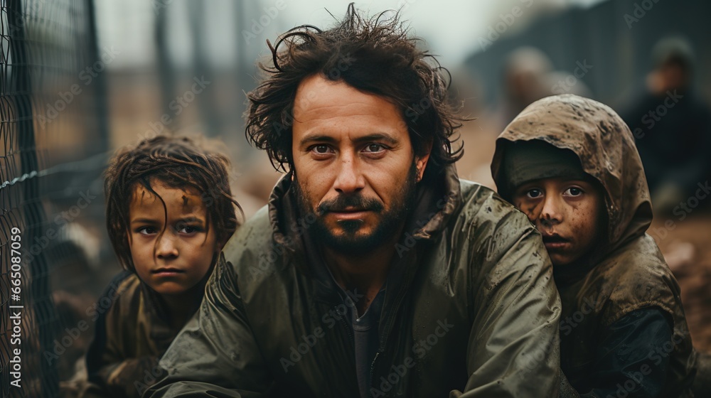 A family of migrants from an Arab country sit behind an iron wire fence and wait for humanitarian aid. Military conflict in the world A family of migrants from an Arab country sit behind an iron wire fence and wait for humanitarian aid. Military conflict in the world