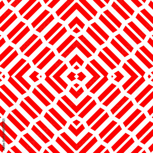 Repeated red geometric figures on white background. Seamless surface pattern design with symmetrical trapeziums and brackets ornament. Polygons wallpaper. Diagonal dashed and lines motif. Vector art