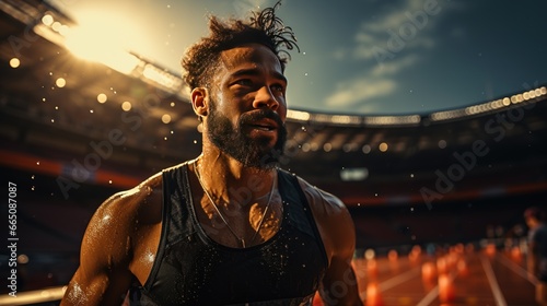 A tired but satisfied athlete has run a difficult distance on a sports track and is waiting for the result of his time photo