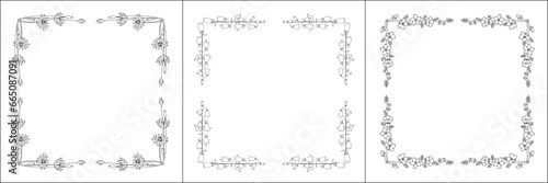 Set of three vector frames with flowers. Elegant black and white monochrome ornamental corners. Vector frame for all sizes and formats. Isolated vector illustration.