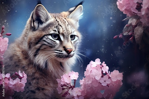  a bobcat sitting atop a tree branch surrounded by pink flowers, with a blurred background