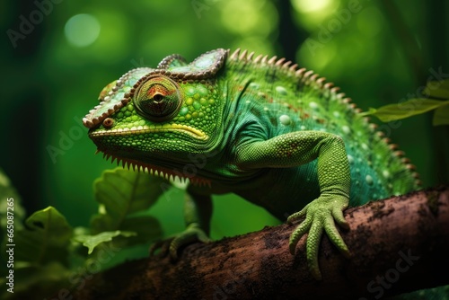 A vibrant green chameleon perched on a branch in a lush forest © pham