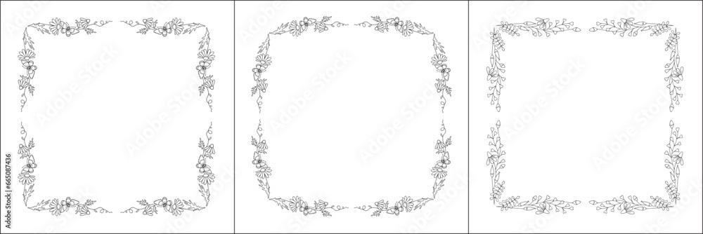 Black and white vegetal ornamental frame with field flowers and butterflies, decorative border, corners for greeting cards, banners, business cards, invitations, menus. Isolated vector illustration. Black and white vegetal ornamental frame with field flowers and butterflies, decorative border, corners for greeting cards, banners, business cards, invitations, menus. Isolated vector illustration.