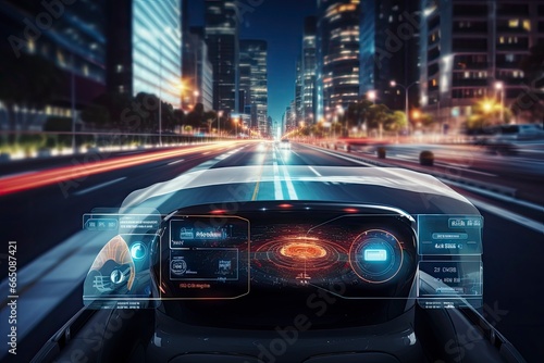 Modern smart car technology intelligent system using Heads up display (HUD) Autonomous self driving mode vehicle on city road with graphic sensor radar signal system intelligent car. © Anowar