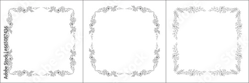 Black and white vegetal ornamental frame with field flowers and butterflies, decorative border, corners for greeting cards, banners, business cards, invitations, menus. Isolated vector illustration.