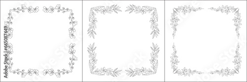 Black and white vegetal ornamental frame with exotic flowers, decorative border, corners for greeting cards, banners, business cards, invitations, menus. Isolated vector illustration. 