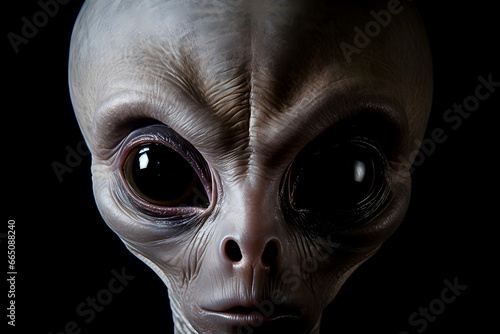 The face of creepy alien creature isolated on black background closeup indoors.