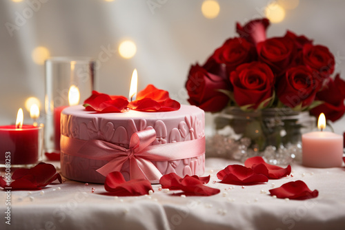 Romantic table setting with roses and candles on light background, closeup
