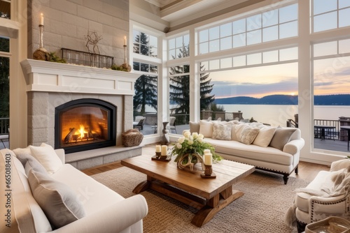 A cozy living space with a warm fireplace and comfortable furniture photo