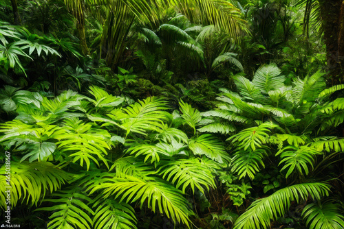 Digital photo of a tropical fern, its delicate fronds glistening with dewdrops, nestled among other plants in a lush rainforest canopy. Wildlife concept of ecological environment