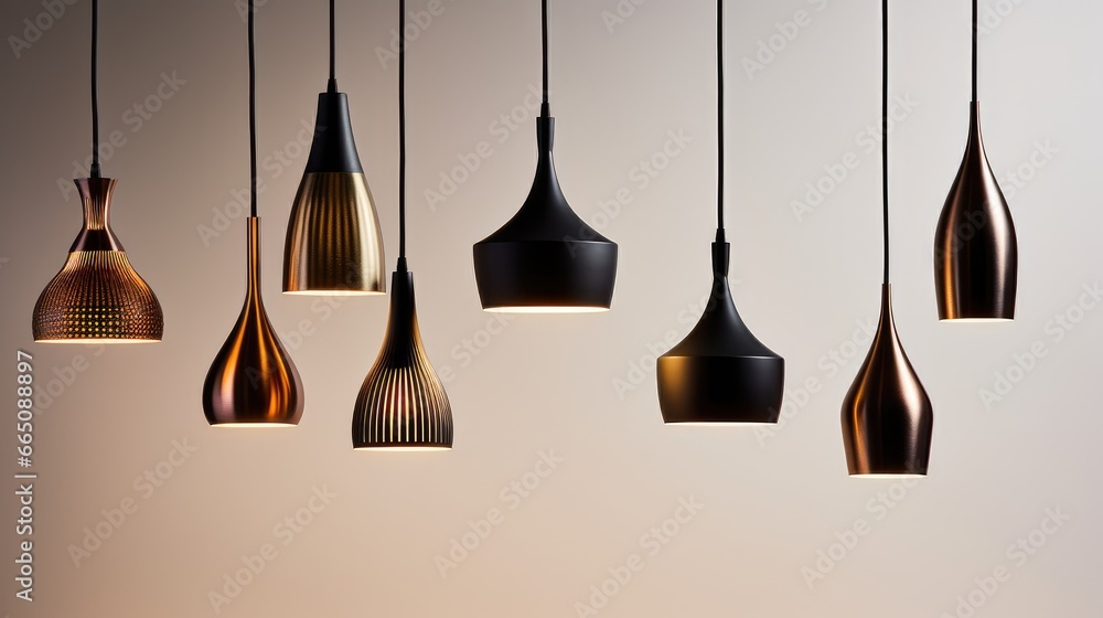 A set of modern pendant lamps on a white backdrop, offering endless design possibilities. Transform your space with these stunning lighting solutions. A set of modern pendant lamps on a white backdrop, offering endless design possibilities. Transform your space with these stunning lighting solutions.