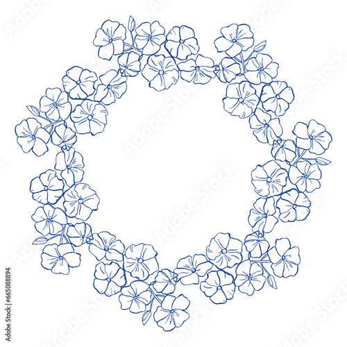 Circle floral vintage draw frame vector illustration. Hand drawn phlox inflorescences. Blue Floral border.