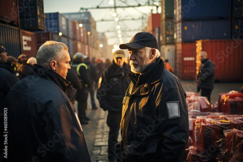 Customs officers inspecting containers at a busy international port, enforcing trade regulations. Concept of customs inspection. Generative Ai.