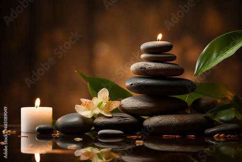 Zen basalt stones and candle on the wooden background  spa concept