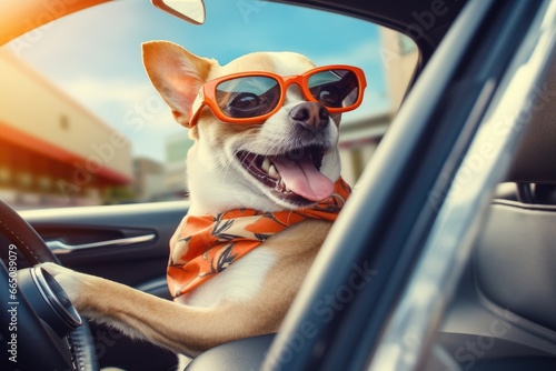 A stylish dog enjoying a ride in a car