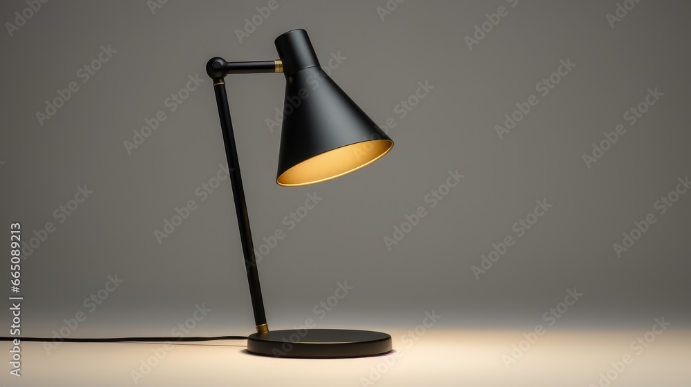 Sleek Illumination: A black lamp in modern Scandinavian style, showcased on a pristine white background. This minimalistic desk lamp adds sophistication to any space Sleek Illumination: A black lamp in modern Scandinavian style, showcased on a pristine white background. This minimalistic desk lamp adds sophistication to any space