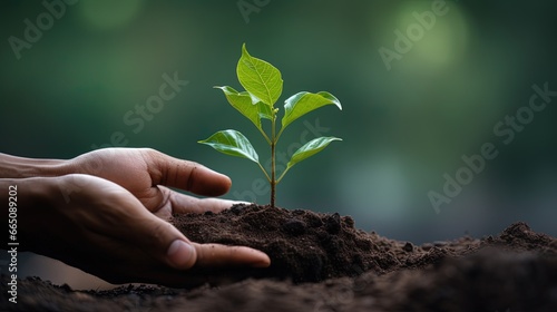 hand hold sapling and soil, backlit, copy space