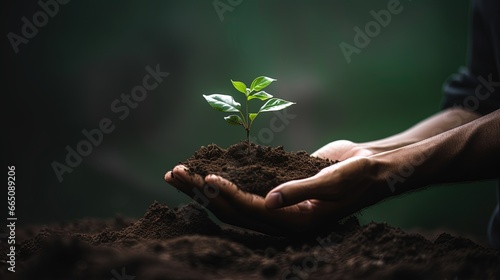 hand hold sapling and soil, backlit, copy space