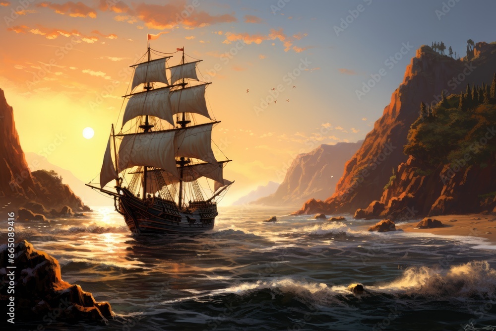 A majestic sailing ship gliding through the vast ocean