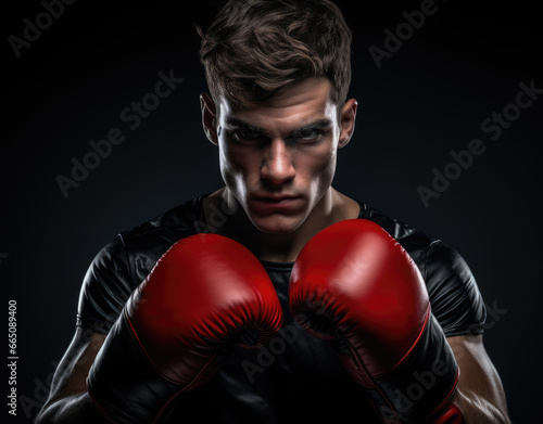 A male athlete wearing boxing gloves and a black shirt