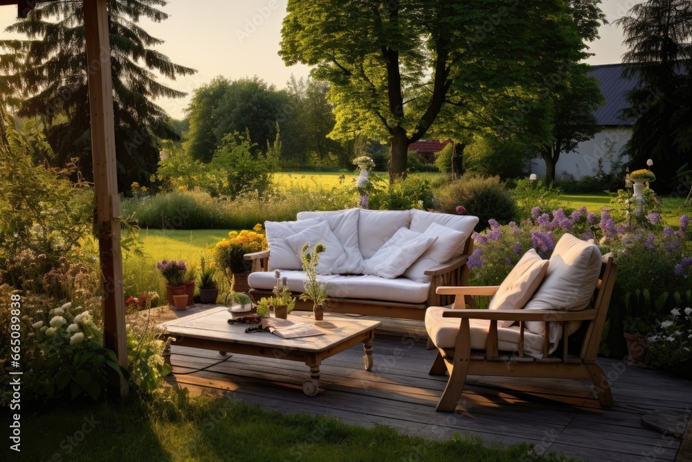 Outdoor furniture on a wooden deck surrounded by greenery