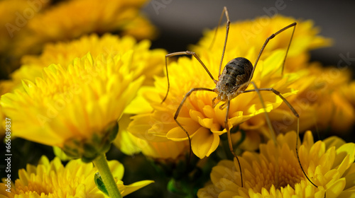 spider in a web of yellow chrysanthemums