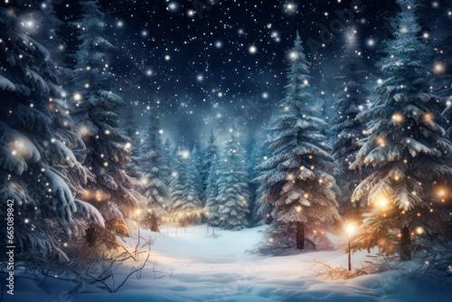 Illuminated fir trees at night 