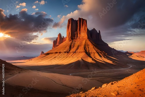 In the heart of the desert, a striking rock formation rises from the barren land - AI Genrative