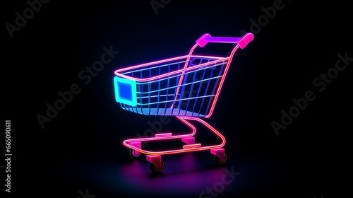 Neon lighting ecommerce shopping cart icon symbol on black background, 16:9, copy space