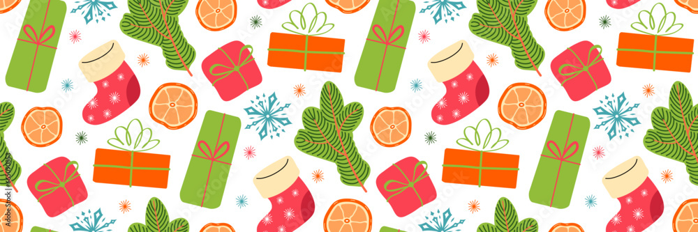 Merry Christmas seamless Pattern. Festive winter and cozy elements. Hand drawn vector illustration. Merry Christmas seamless Pattern. Festive winter and cozy elements. Hand drawn vector illustration.