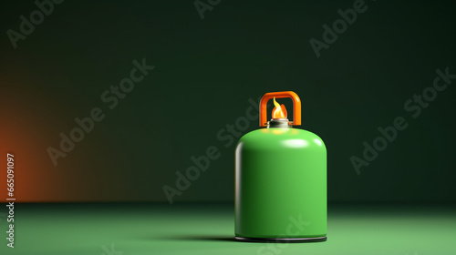 3d illustration of a green gas cylinder with fire in dark room. A gas cylinder background with copy space 