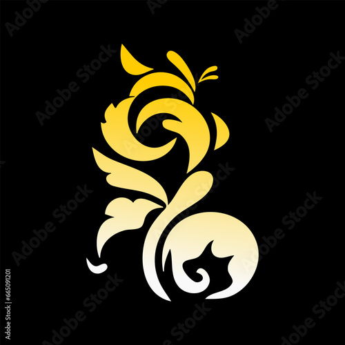 Golden ornament isolated on black background, ready for retouch design.