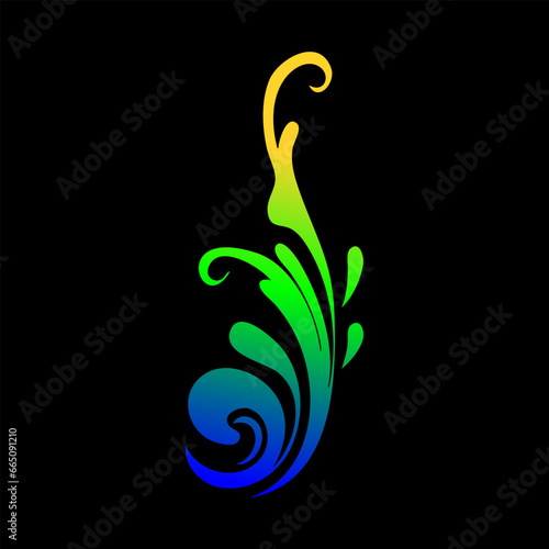 Golden green and blue ornament isolated on black background, ready for retouch design.