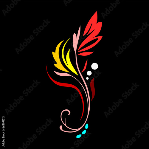 Red and yellow ornament isolated on black background, ready for retouch design.