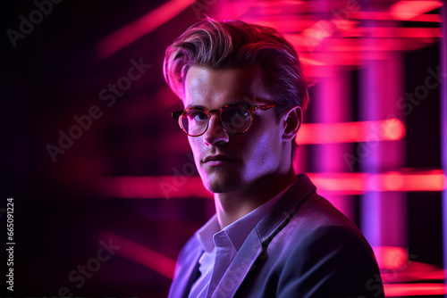 Generative AI image of nice serious guy in a nightclub illuminated by neon blurred lights