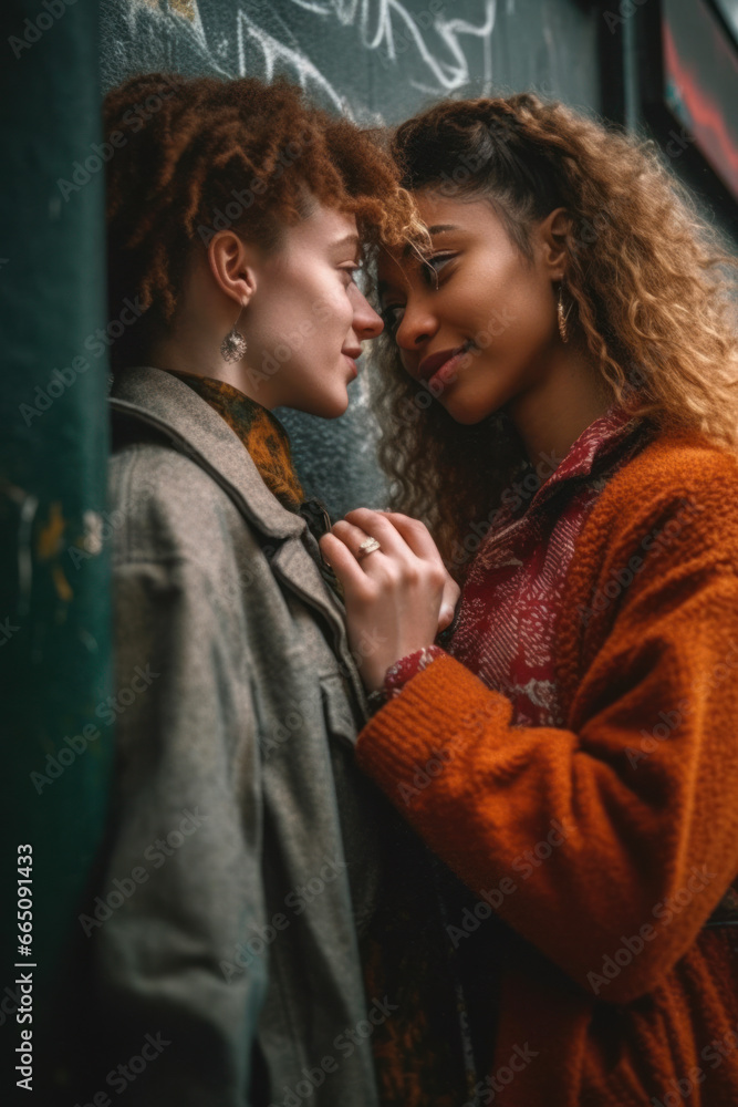 Lesbian couple mixed race kissing on a city street