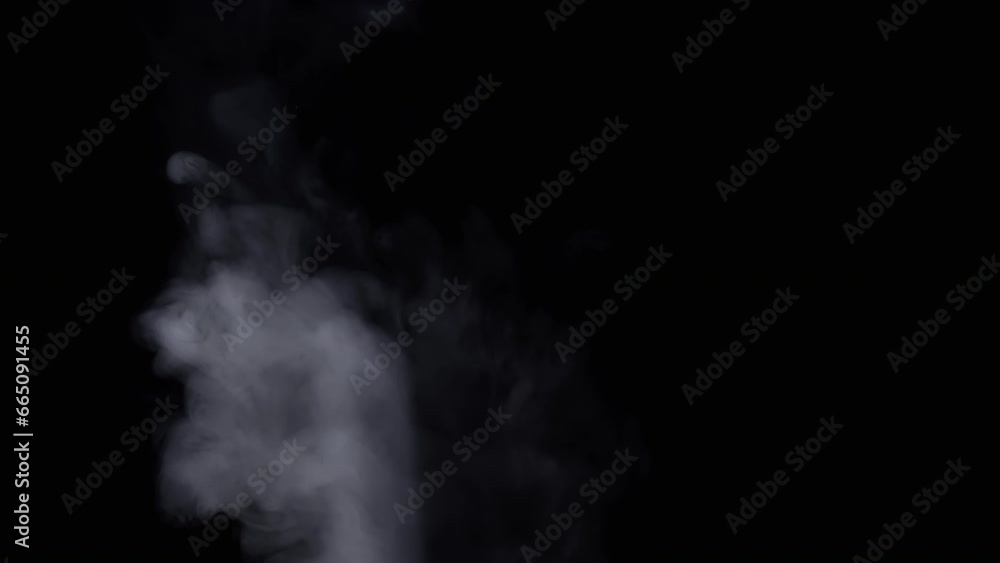 Thick White Clouds of Smoke on an Isolated Black Background Fall in Empty Space. Side view. Texture. Slow motion of a flying cloud of smoke, cold fog, smog. Ice cloud. Smoking a hookah, cigarette. Thick White Clouds of Smoke on an Isolated Black Background Fall in Empty Space. Side view. Texture. Slow motion of a flying cloud of smoke, cold fog, smog. Ice cloud. Smoking a hookah, cigarette.