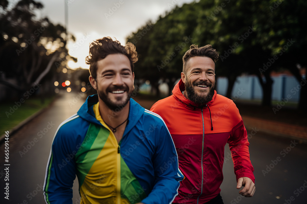 Generative AI image of two sportive active young friends warming up jogging together on a sunny early morning Generative AI image of two sportive active young friends warming up jogging together on a sunny early morning